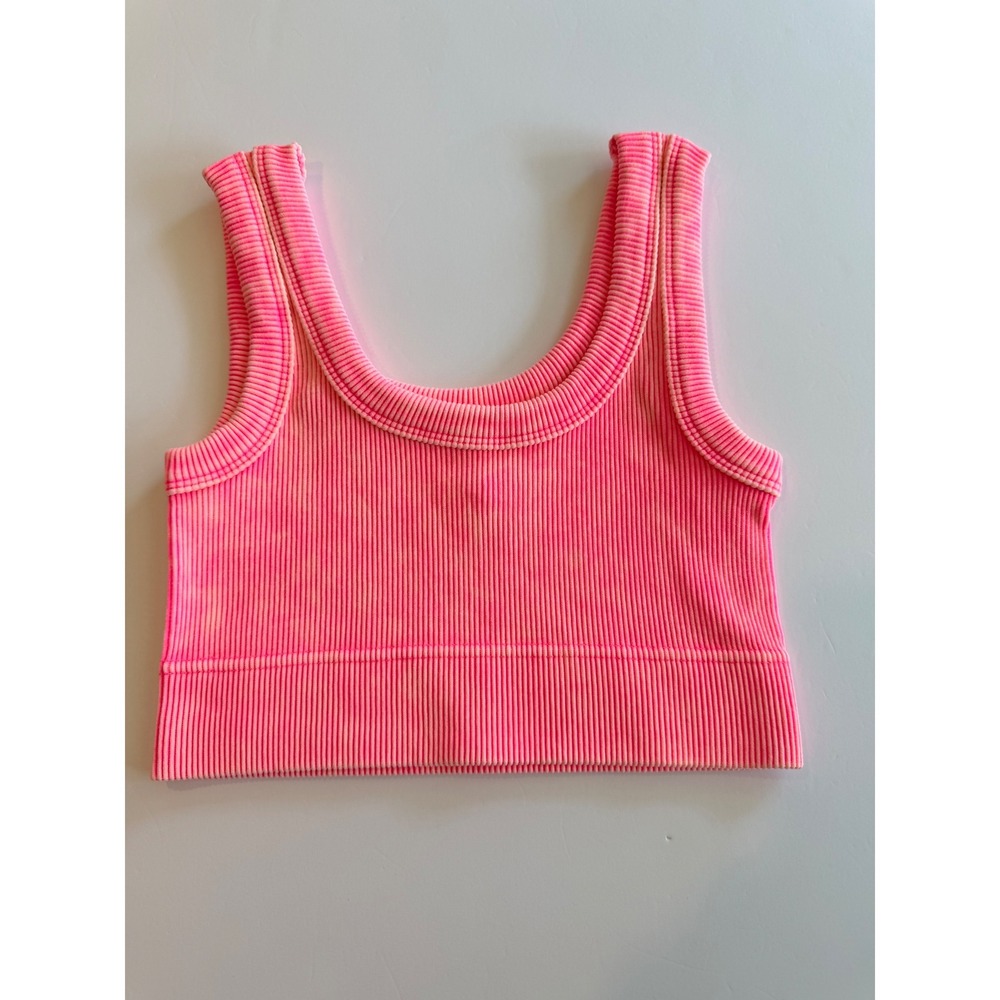 Zenana Neon Pink Mineral Wash Ribbed‎ Seamless Crop Top Tank Womens S/M